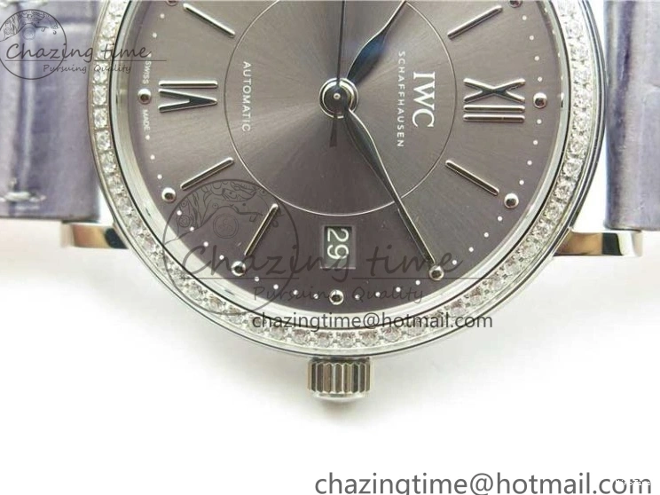 MIROTIME 0510 Attractive Portofino 37mm SS V7F 1:1 Best Edition Gray Dial Diamonds Bezel on Gray Leather Strap A 7091